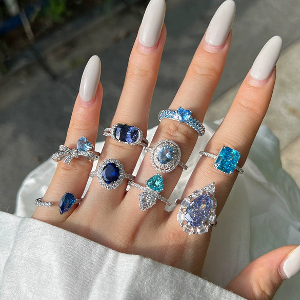 Women's Light Luxury Elegant Blue Ice Flower Cut 8A Zircon S925 Sterling Silver Ring With Geometric Pattern And Electroplating Treatment