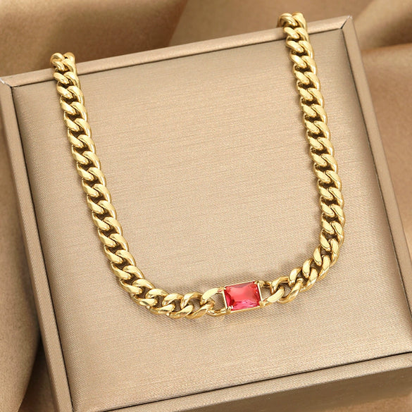 Women's Light Luxury Emerald Metal Necklace In Retro Court Style With Geometric Pattern And Electroplating On Conventional Chain