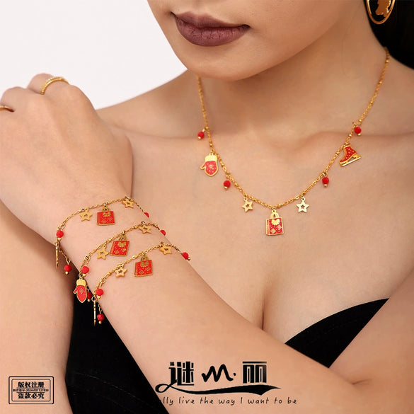 Women's Light Luxury Enamel Pendant Necklace And Bracelet Set Stainless Steel Gold Plated Christmasinspired Jewelry