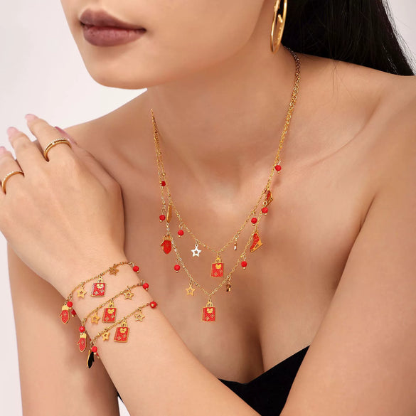 Women's Light Luxury Enamel Pendant Necklace And Bracelet Set Stainless Steel Gold Plated Christmasinspired Jewelry