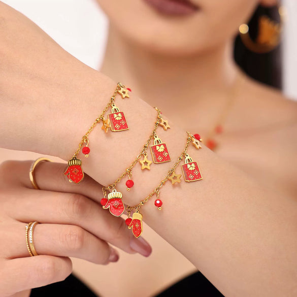 Women's Light Luxury Enamel Pendant Necklace And Bracelet Set Stainless Steel Gold Plated Christmasinspired Jewelry
