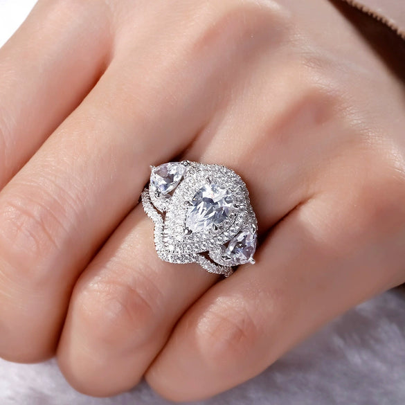 Women's Light Luxury Geometric Copper Diamond Ring Threepiece Set With Zirconia