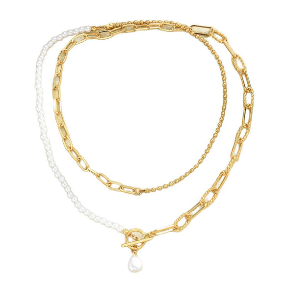 Women's Light Luxury Geometric Doublelayer Pearl Necklace With Electroplated Alloy Pendant And Clasp