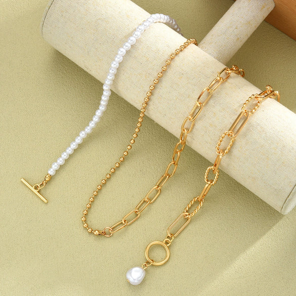 Women's Light Luxury Geometric Doublelayer Pearl Necklace With Electroplated Alloy Pendant And Clasp