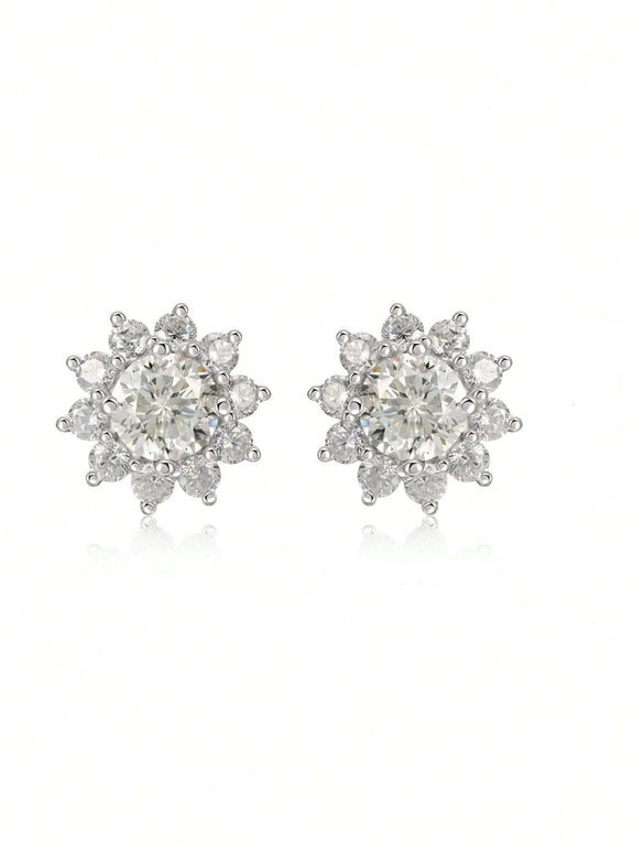 Women's Light Luxury Geometric Flower Cultivation S925 Silver Earrings Set With Diamonds