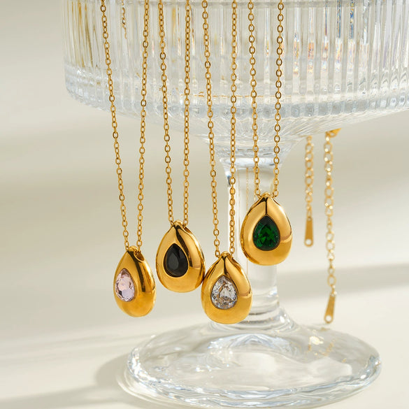 Women's Light Luxury Geometric Teardrop Stainless Steel Necklace With Zircon Inlay And 18K Gold Electroplated Minimalist Design