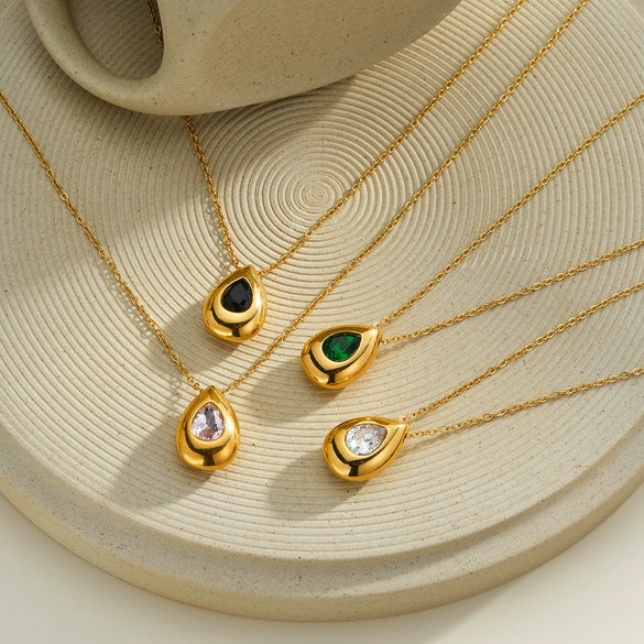 Women's Light Luxury Geometric Teardrop Stainless Steel Necklace With Zircon Inlay And 18K Gold Electroplated Minimalist Design