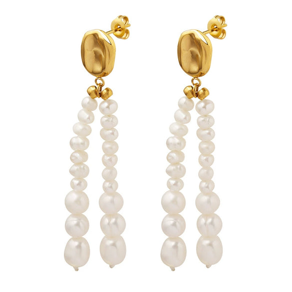 Women's Light Luxury Geometric 316L Stainless Steel Oval Freshwater Pearl Tassel Earrings Electroplated Jewelry