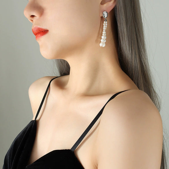 Women's Light Luxury Geometric 316L Stainless Steel Oval Freshwater Pearl Tassel Earrings Electroplated Jewelry