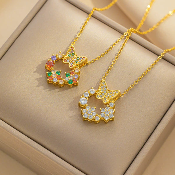 Women's Light Luxury Geometric Zircon Colorful Bow Donut Pendant Titanium Steel Clavicle Ochain