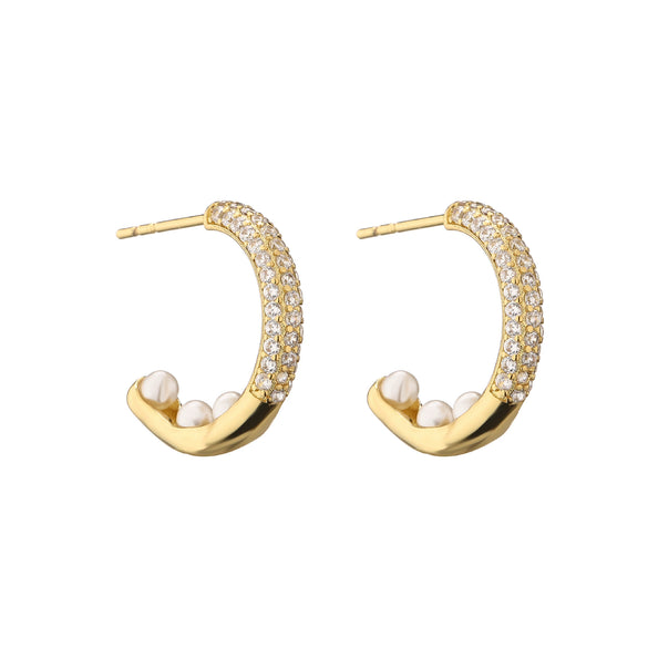 Women's Light Luxury Gold Plated Micropaved Zircon Cshaped Artificial Pearl Earrings With Geometric Pattern