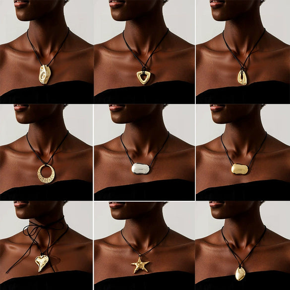 Women's Light Luxury Heart Shaped Alloy Pendant Necklace With Wax Rope Chain Geometric Horseshoe Design Electroplated Sweater Chain Accessory