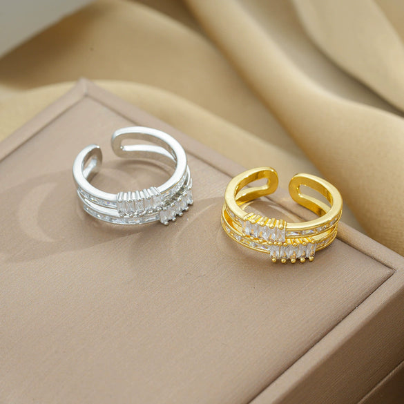 Women's Light Luxury High Grade Zircon Ring With Geometric Design Copper Vacuum Electroplating Of Titanium Steel In Furnace