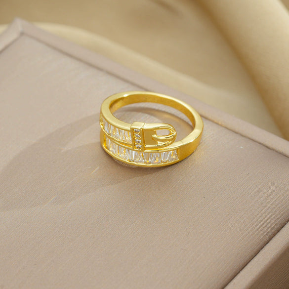 Women's Light Luxury High Grade Zircon Ring With Geometric Design Copper Vacuum Electroplating Of Titanium Steel In Furnace
