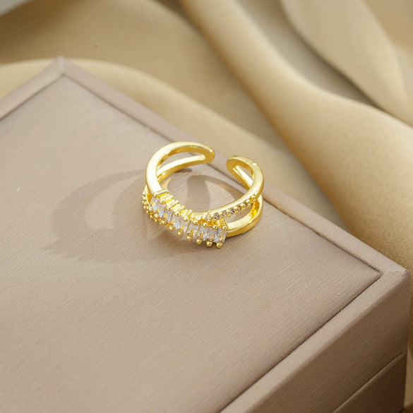 Women's Light Luxury High Grade Zircon Ring With Geometric Design Copper Vacuum Electroplating Of Titanium Steel In Furnace