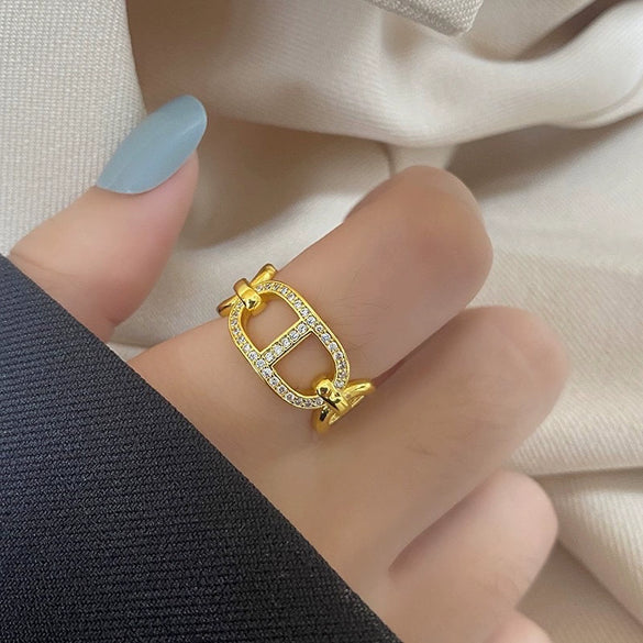 Women's Light Luxury High Grade Zircon Ring With Geometric Design Copper Vacuum Electroplating Of Titanium Steel In Furnace