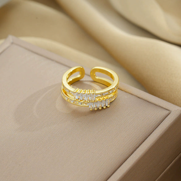 Women's Light Luxury High Grade Zircon Ring With Geometric Design Copper Vacuum Electroplating Of Titanium Steel In Furnace