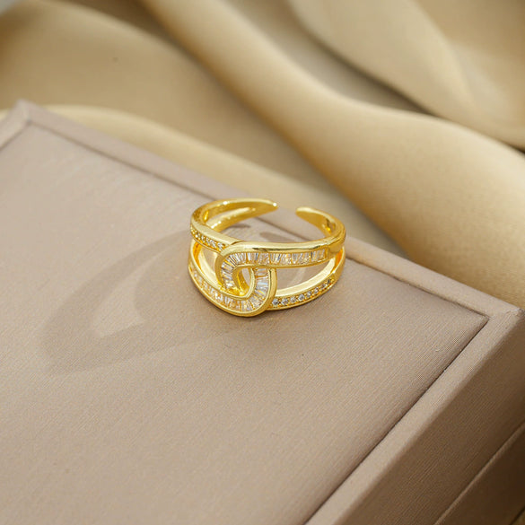 Women's Light Luxury High Grade Zircon Ring With Geometric Design Copper Vacuum Electroplating Of Titanium Steel In Furnace