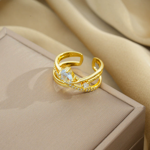 Women's Light Luxury High Grade Zircon Ring With Geometric Design Copper Vacuum Electroplating Of Titanium Steel In Furnace