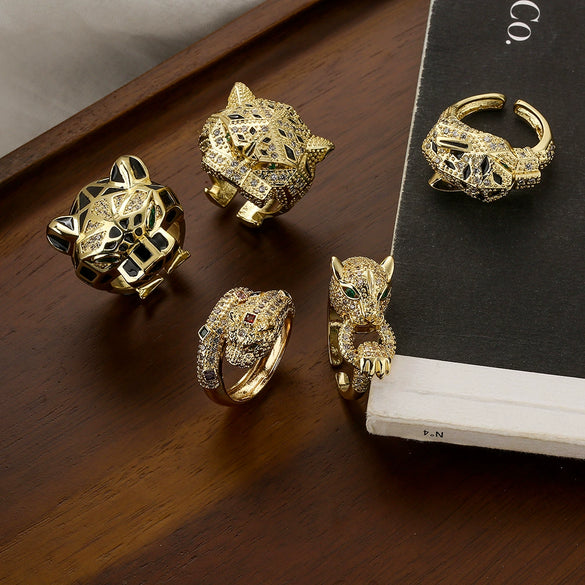 Women's Light Luxury Hip Hop Leopard Copper Ring With Microinlay Zircon And Geometric Design