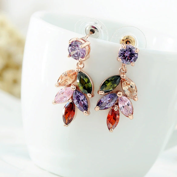 Women's Light Luxury Leaf Long Drop Earrings With Colorful Zircon Inlay And Environmental Protection Copper Elegant Floral Style