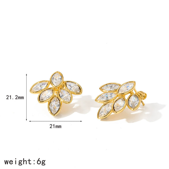 Women's Light Luxury Leaf Shaped Stainless Steel Drop Earrings With Rhinestone Inlay And C Shaped Diamond Set Design