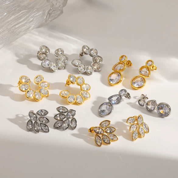 Women's Light Luxury Leaf Shaped Stainless Steel Drop Earrings With Rhinestone Inlay And C Shaped Diamond Set Design