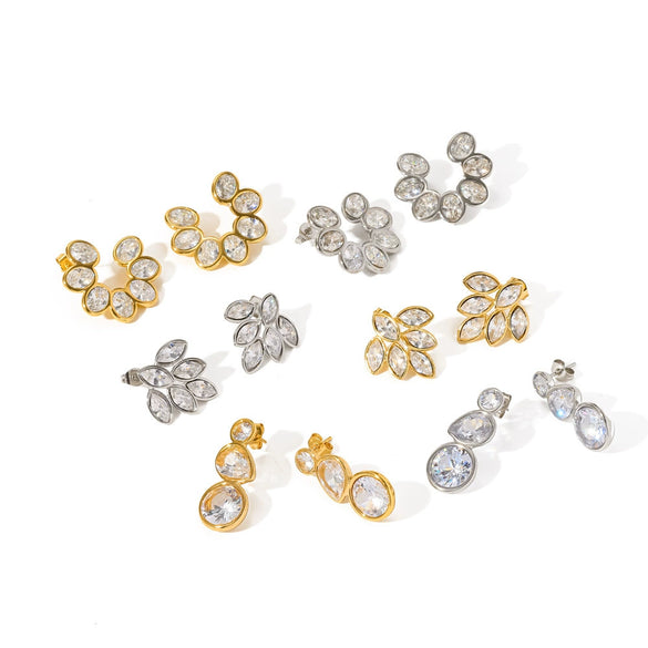 Women's Light Luxury Leaf Shaped Stainless Steel Drop Earrings With Rhinestone Inlay And C Shaped Diamond Set Design
