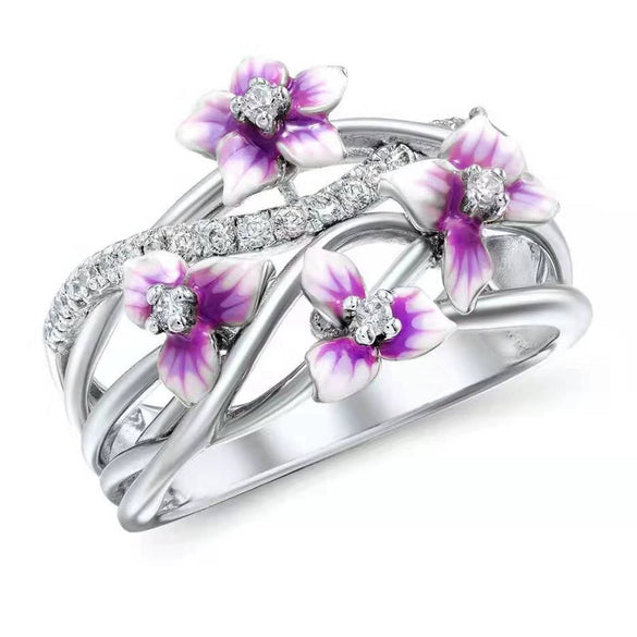 Women's Light Luxury Metal Flower Ring With Violet Enamel Floral Design And Electroplated Finish