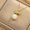 Women's Light Luxury Microinlaid Bow Pearl Pendant Titanium Steel Necklace With Electroplating