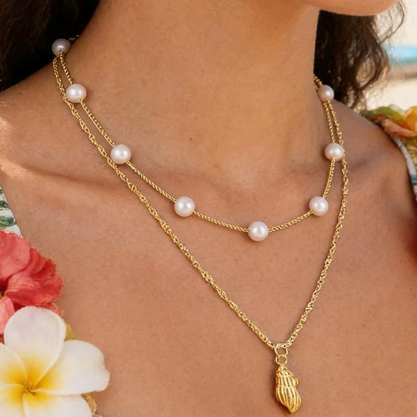 Women's Light Luxury Minimalist Copper Layered Clavicle Necklace With Pearl Star Pendant And Electroplated Retro Design