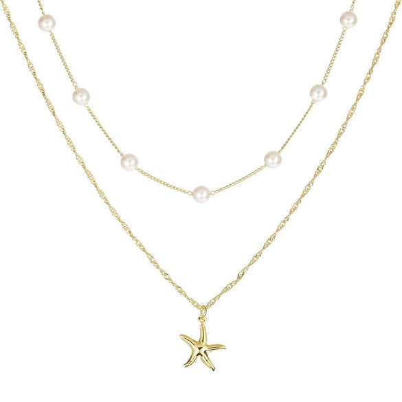 Women's Light Luxury Minimalist Copper Layered Clavicle Necklace With Pearl Star Pendant And Electroplated Retro Design