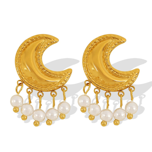 Women's Light Luxury Moon Tassel Imitation Pearl Ushape 316L Stainless Steel Electroplated Earrings