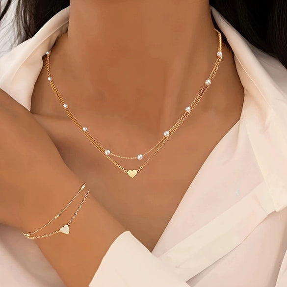 Women's Light Luxury Multi Layer Copper Pearl Necklace With Electroplated Heart Pendant Choker