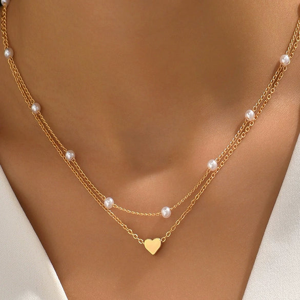 Women's Light Luxury Multi Layer Copper Pearl Necklace With Electroplated Heart Pendant Choker