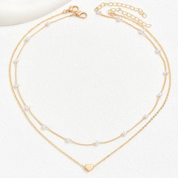 Women's Light Luxury Multi Layer Copper Pearl Necklace With Electroplated Heart Pendant Choker