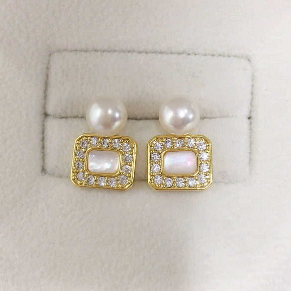 Women's Light Luxury Natural Freshwater Pearl And Sea Shell Earrings In Square Shape S925 Sterling Silver And 18K Goldfilled