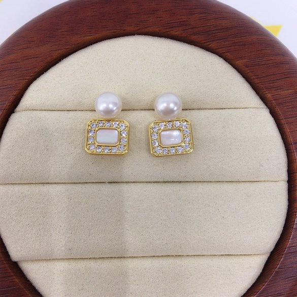 Women's Light Luxury Natural Freshwater Pearl And Sea Shell Earrings In Square Shape S925 Sterling Silver And 18K Goldfilled