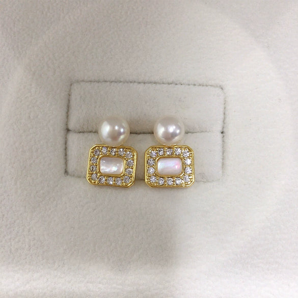 Women's Light Luxury Natural Freshwater Pearl And Sea Shell Earrings In Square Shape S925 Sterling Silver And 18K Goldfilled