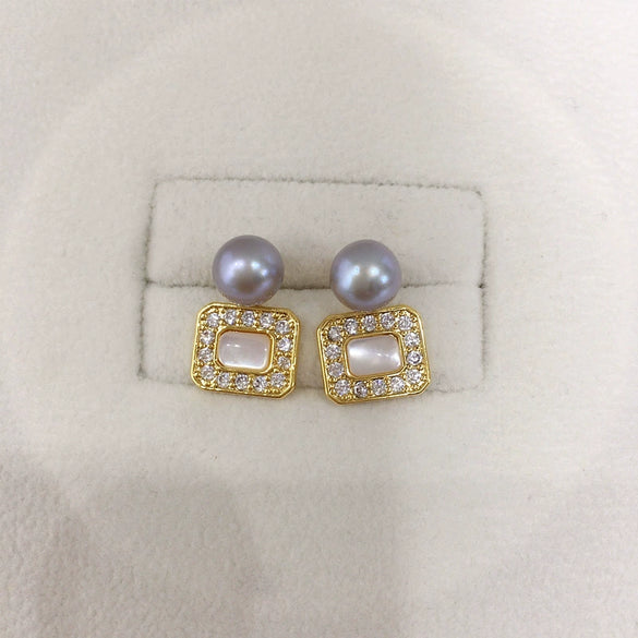 Women's Light Luxury Natural Freshwater Pearl And Sea Shell Earrings In Square Shape S925 Sterling Silver And 18K Goldfilled