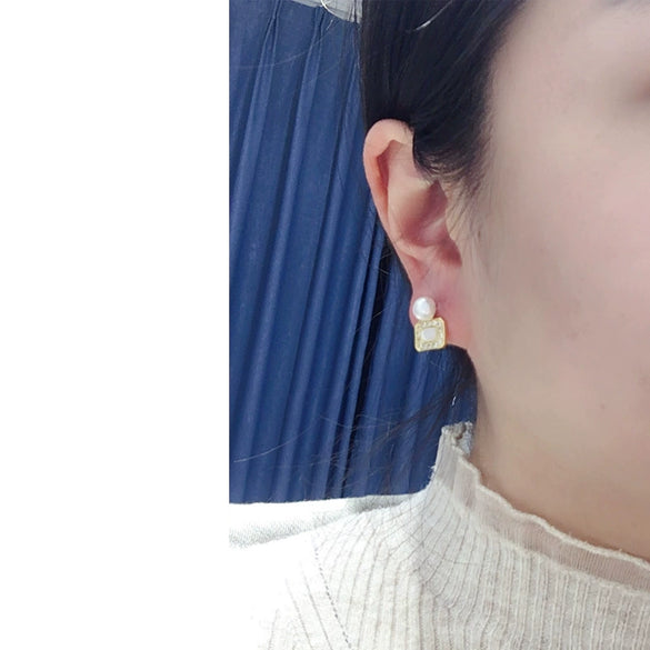 Women's Light Luxury Natural Freshwater Pearl And Sea Shell Earrings In Square Shape S925 Sterling Silver And 18K Goldfilled