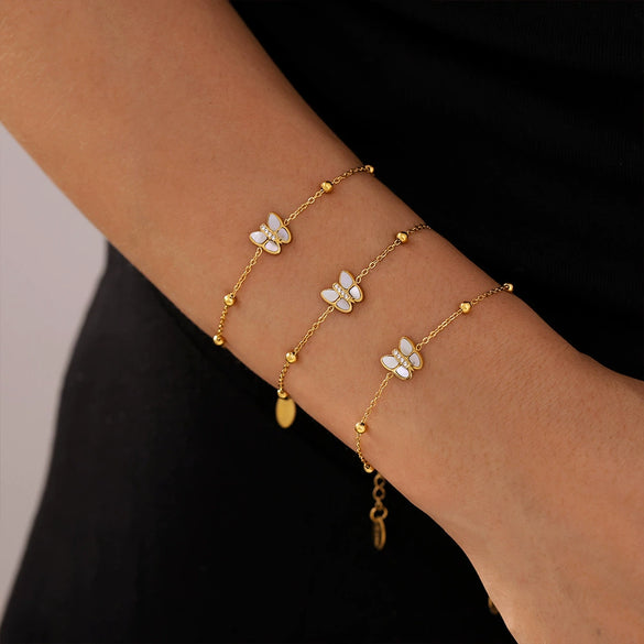 Women's Light Luxury Niche Butterfly Bead Bracelet With Natural Fritillaria And 3A Zircon 316L Stainless Steel Plated 18K True Gold Electroplated Geometric And Animal Patterns