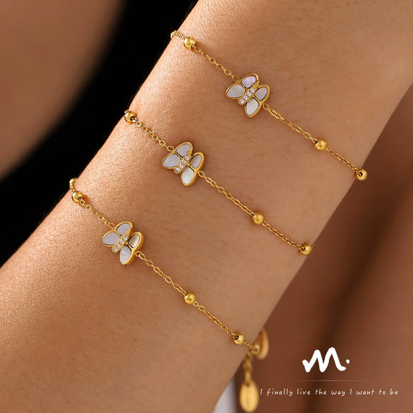 Women's Light Luxury Niche Butterfly Bead Bracelet With Natural Fritillaria And 3A Zircon 316L Stainless Steel Plated 18K True Gold Electroplated Geometric And Animal Patterns