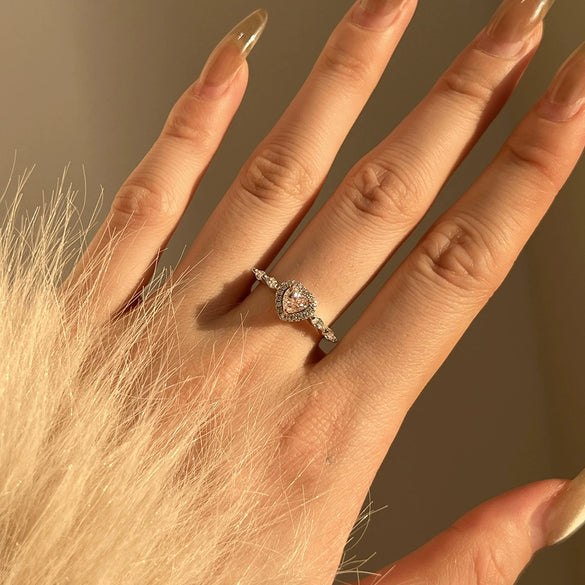 Women's Light Luxury Pink 925 Sterling Silver Ring With Ice Flower Cut Love High Carbon Diamond And Electroplating