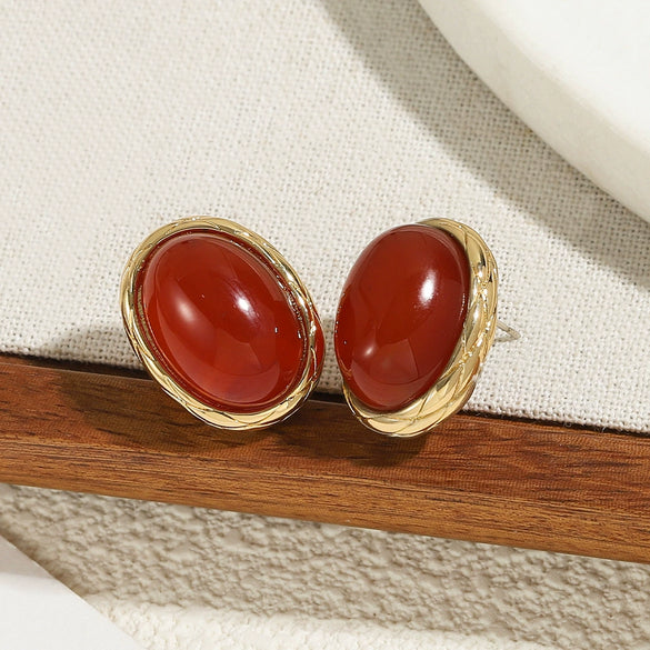 Women's Light Luxury Retro Metal Onyx Oval Geometric Electroplated Stud Earrings