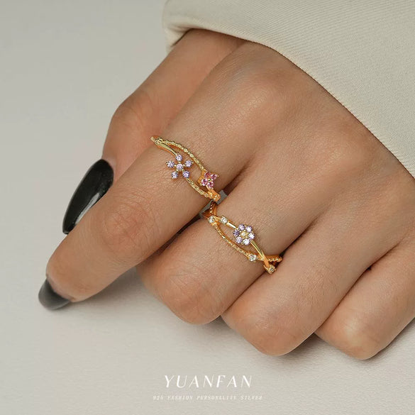 Women's Light Luxury S925 Sterling Silver Geometric Round Zircon Butterfly Ring Jewelry