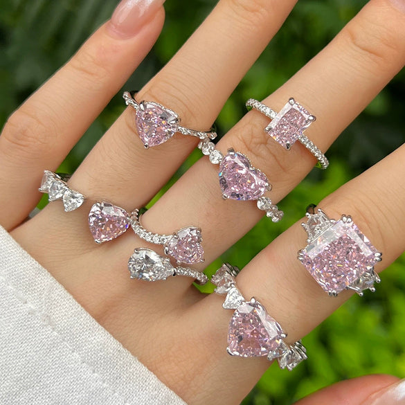 Women's Light Luxury S925 Sterling Silver Ring With Geometric And Heart Shape Electroplated Set With 8A Zircon And High Carbon Diamond