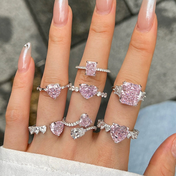 Women's Light Luxury S925 Sterling Silver Ring With Geometric And Heart Shape Electroplated Set With 8A Zircon And High Carbon Diamond