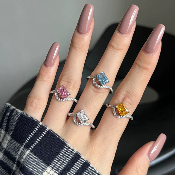 Women's Light Luxury S925 Sterling Silver Ring With Geometric Pattern And Ice Flower Cut 8A Color Zircon Electroplated