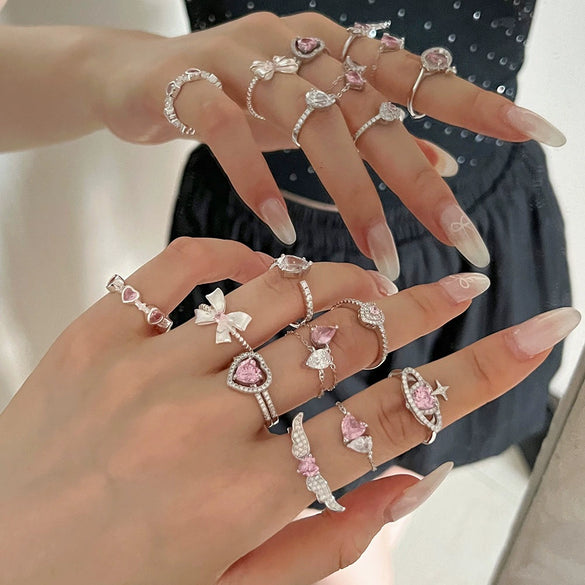 Women's Light Luxury S925 Sterling Silver Ring With Pink Zircon Geometric Crown Heart Flower Bow Wave Ushape Drop Shape Design Electroplated